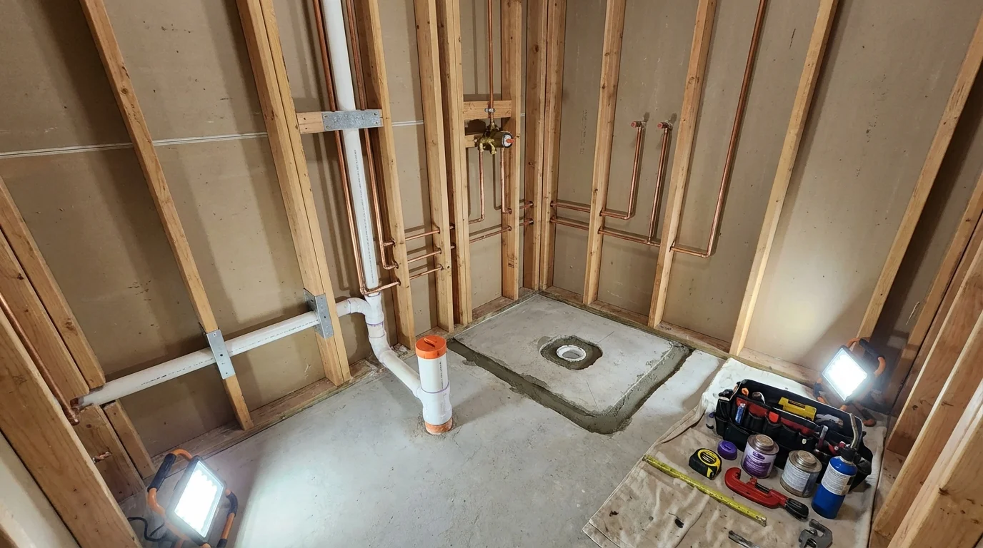 Bathroom rough-in plumbing during remodel by Johns Plumbing LLC in Calvert City