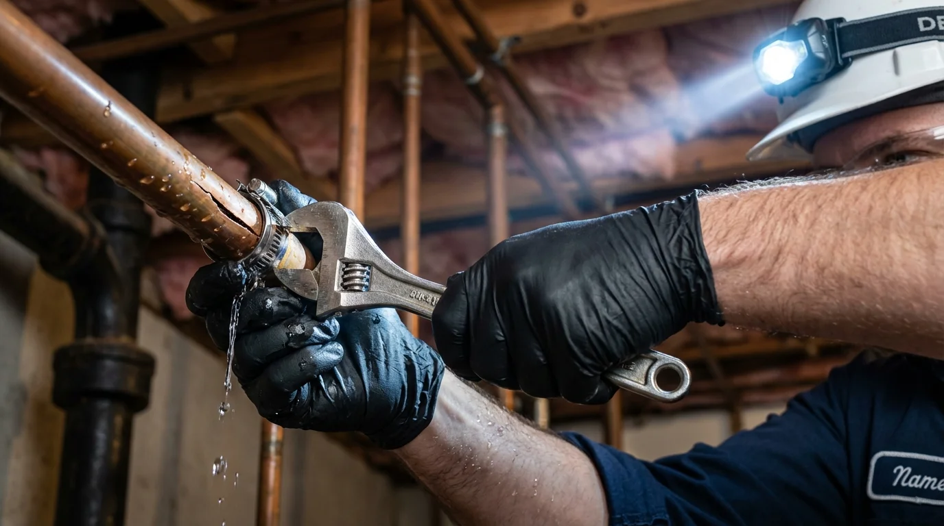 Emergency pipe clamp repair being performed by a Johns Plumbing LLC plumber in Calvert City