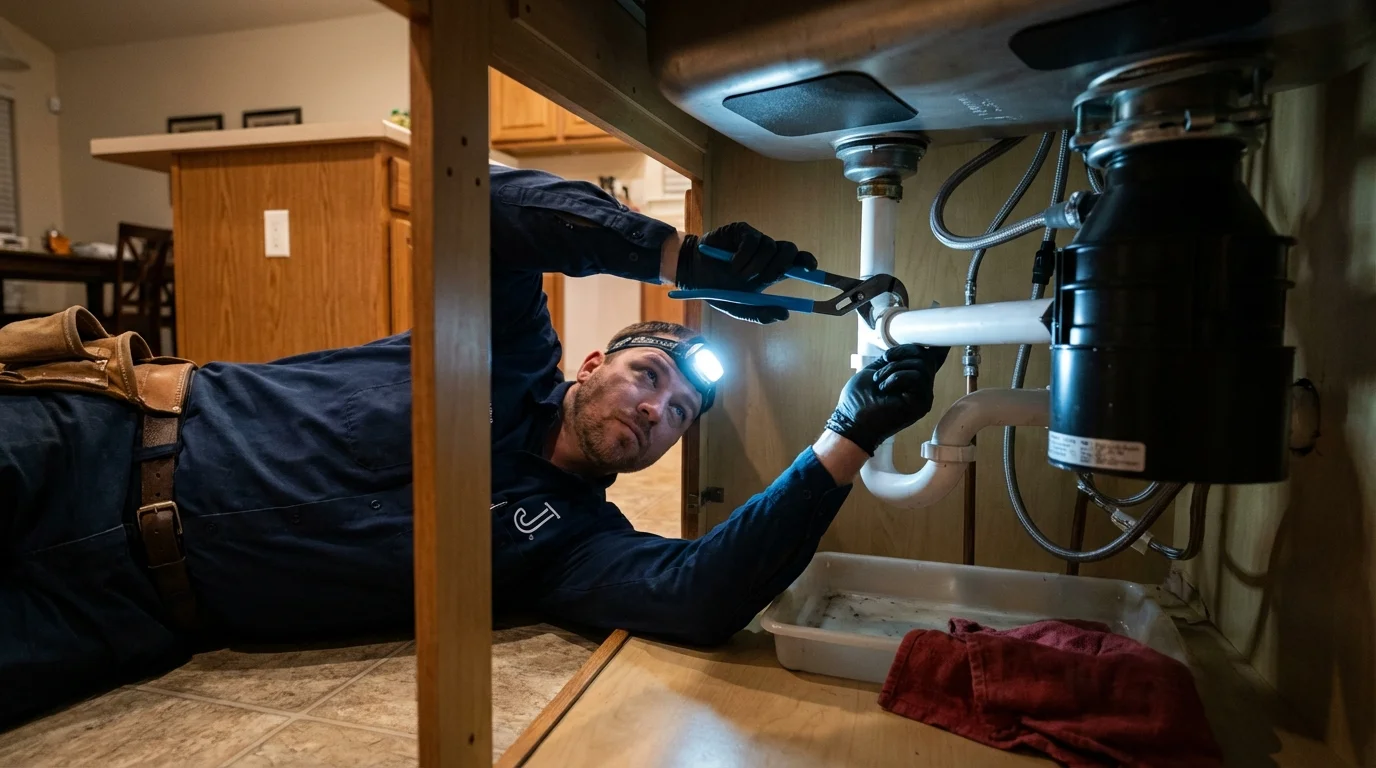 P-trap and supply line connections under a kitchen sink showing a common leak point in Calvert City, KY
